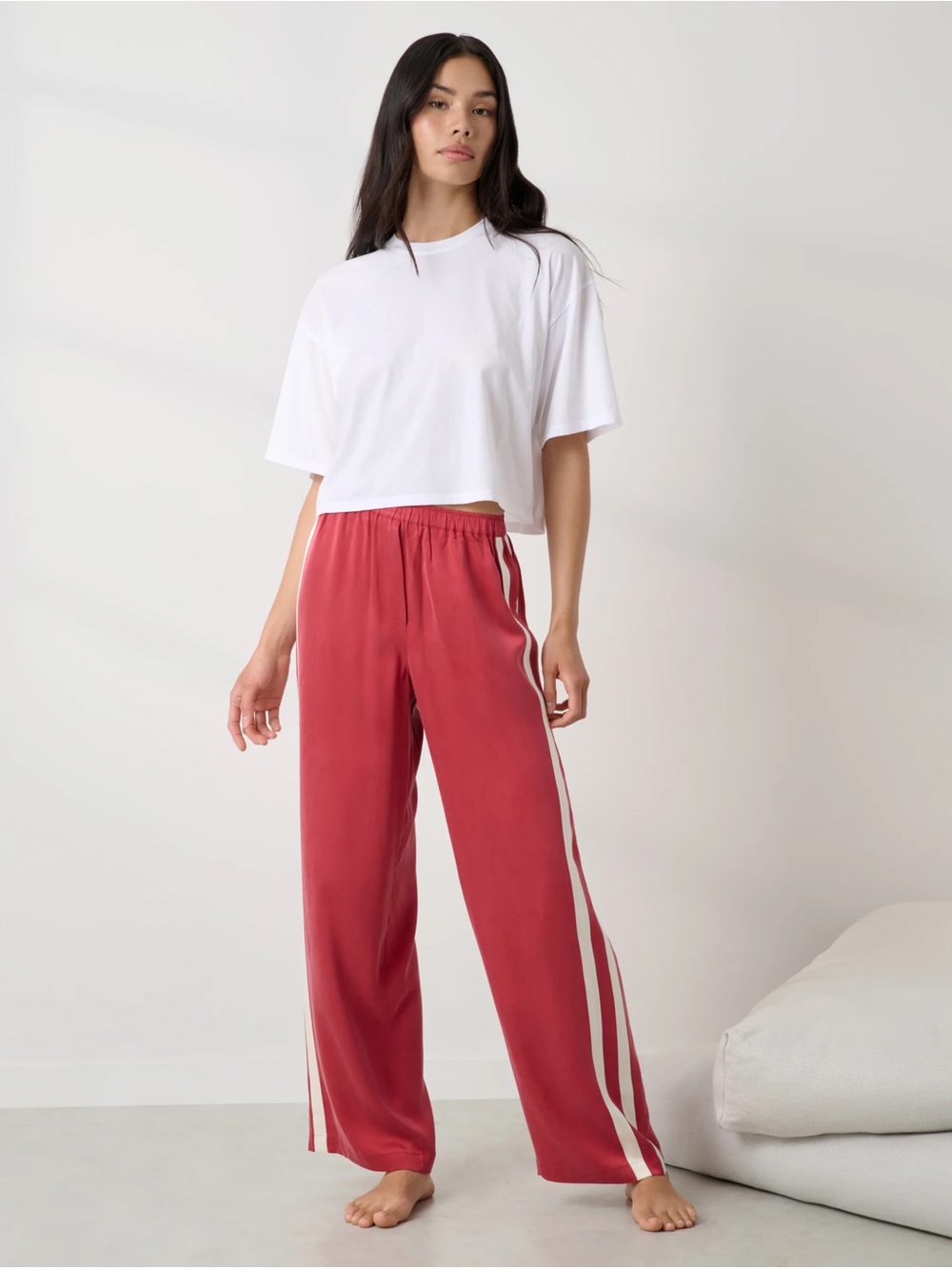 Lunya Washable Silk Side Striped Pant Chili Pepper / Soft Ivory Small